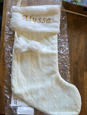 Personalized Alyssa Ivory Knit Holiday Stocking with Gold Embroidery New
